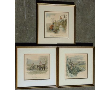 After Snaffles (Charles Johnson Payne, British, 1884-1967), three gilt framed and glazed colour Foxhunting Prints to include 