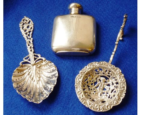 A small hallmarked silver kidney shaped Flask, 7.5cm high, assayed Chester 1902, together with a Continental style cast white