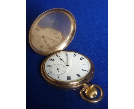 An early 20th Century 9 carat yellow gold cased gentleman's Full Hunter keyless Fob Watch, white enamel dial with Roman numer