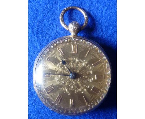 A fine late 19th/early 20th Century 18 carat yellow gold cased Fob Watch, the textured gold dial centrally engraved with scro