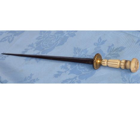 An interesting mid 19th Century Dagger having turned ivory handle (minus pommel) and gilt metal mounts etc., (as seen, no sca