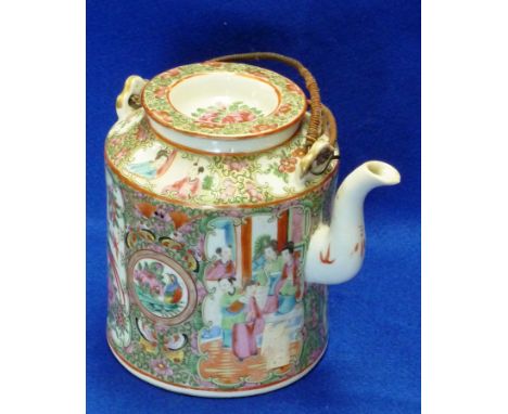 A late 19th Century Canton enamel decorated Chinese porcelain Tea Pot with circular lid decorated in Famille Rose enamels wit