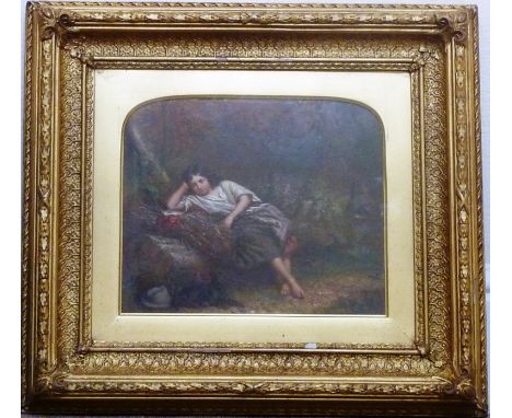 A good gilt framed and glazed Oil (on card laid down onto panel?) Study of a young girl resting upon a fallen tree with her b