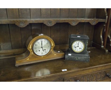 CIRCA 1920's NAPOLEONS HAT SHAPED INLAID MAHOGANY MANTEL CLOCK, STRIKING MOVEMENT AND A LATE VICTORIAN SMALL BLACK SLATE MANT