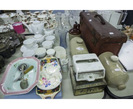 MIXED LOT TO INCLUDE; STONEWARE HOT WATER BOTTLES, DECANTERS, GOLDEN JUBILEE 1952-2002 TEA SERVICE, POTTERY TOILET ROLL HOLDE