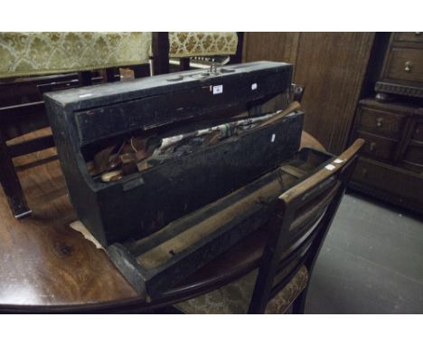 EBONISED TOOL BOX WITH QUANTITY OF WOODWORKING TOOLS 