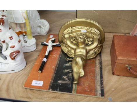 A GILT COMPOSITION CHERUB WALL BRACKET; ITALIAN WOODEN WALL PANEL WITH PRINT REPRODUCTION OF A POMPEIAN FRESCO AND A WOOD AND