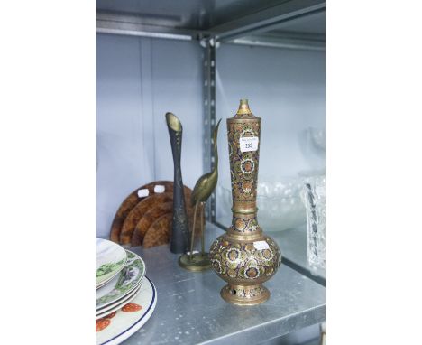 A SMALL WALNUTWOOD LETTER RACK, A BENARES BRASS GLOBE AND SHAFT SHAPED VASE, A BLACK AND METAL SPECIMEN VASE AND A BRASS MODE