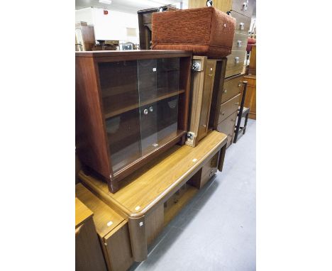 STAINED WOOD COFFEE TABLE, TV. STAND, SMALL BOOKCASE WITH GLASS SLIDING DOORS, A TEAKWOOD LOW UNIT AND A  POUFFE  (5) 