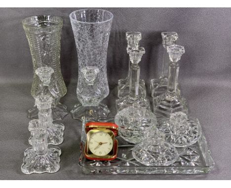 DRESSING TABLE &amp; OTHER DECORATIVE GLASSWARE including candleholders, vases and a Westclox travel clock