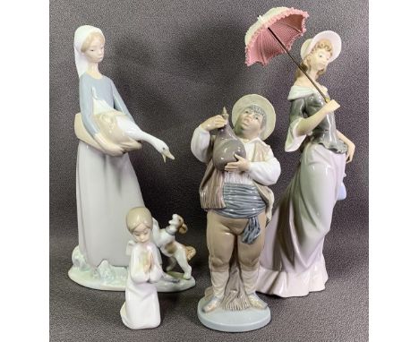 LLADRO - model of a bonneted girl carrying a goose with a dog, 28cms H, a gent drinking rum?, 22cms H and a lady with an umbr