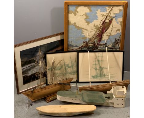 PART BUILT MODEL WOODEN BOATS and a selection of similar themed pictures, prints and an oak framed tapestry firescreen