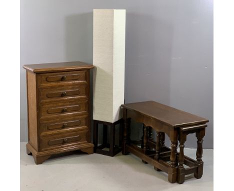 FURNITURE ASSORTMENT (3) - narrow five drawer chest, 79cms H, 54cms W, 32cms D, similar style nest of three coffee tables and