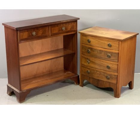COMPACT BOW FRONT CHEST OF FOUR DRAWERS - reproduction mahogany with ring pull handles on corner bracket feet, 63cms H, 53cms
