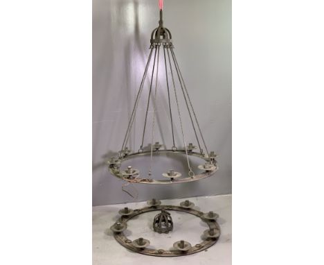 'ARTS &amp; CRAFTS' STYLE IRON CEILING LIGHT FITTINGS (2), 84cms diameter - (1 incomplete)