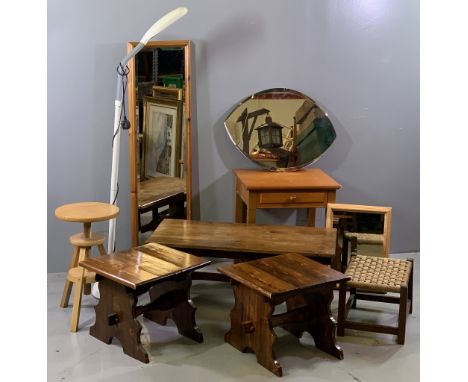 FURNITURE PARCEL (10) - three similar stained rustic style coffee tables, string topped stool, 'Halls Galvo' lemon shaped mir