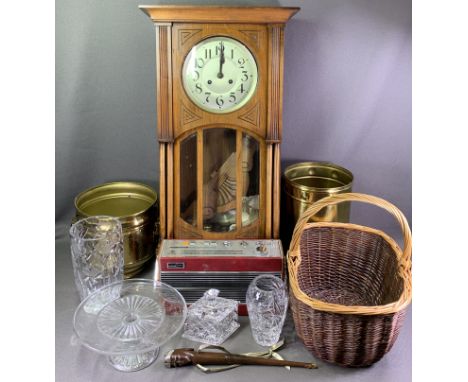 POLISHED WALL CLOCK with silvered dial, two beaten brass buckets, wicker basket and a vintage Roberts radio ETC