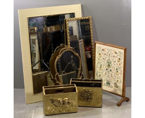 FURNISHING ITEMS - bevelled glass wall mirror, 112 x 80cms, two other decorative wall mirrors, a tapestry firescreen and two 
