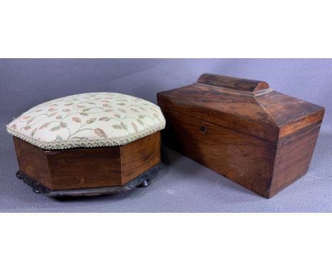 ROSEWOOD SARCOPHAGUS TEA CADDY, 20cms H, 30cms W, 18cms D and a similar period footstool with tapestry top