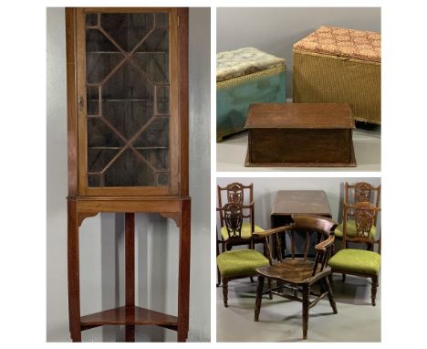 VINTAGE MAHOGANY GLAZED TOP CORNER CABINET on stand, having a blind fret frieze over a thirteen panel astragal glazed door, w