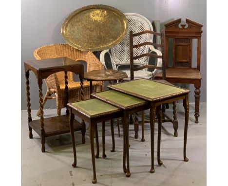 FURNITURE ASSORTMENT (9) to include brass tray, nest of three coffee tables, hall chair, folding table, ladderback chair, two