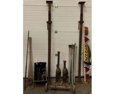 BUILDER'S ACRO PROPS, two 40cms H iron jacks, drain rods and miscellaneous other items