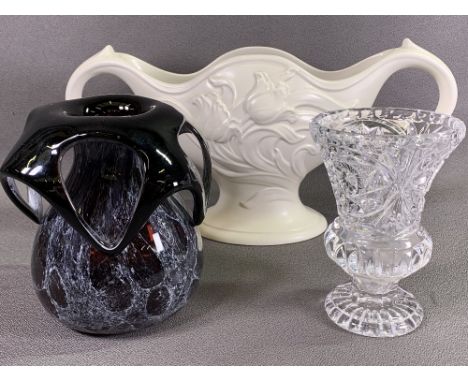 ART GLASS VASE, 18cms tall, a cut glass vase and a Sylvac planter
