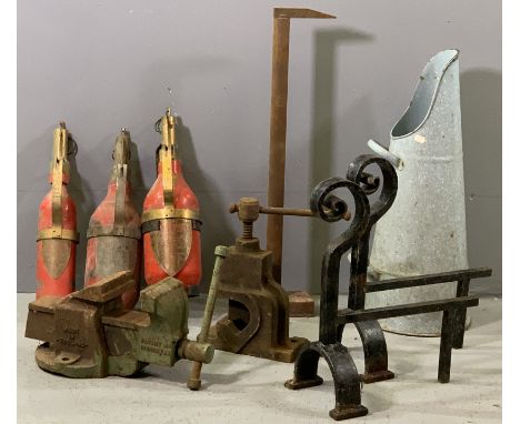 MIXED VINTAGE IRON &amp; OTHER METALWARE to include a 30cms bench vice, pair of fire dogs with scrolled tops, jaw grip vice, 