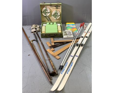 MID-CENTURY CASED PICNIC SET, also vintage cross-country skis, sticks ETC