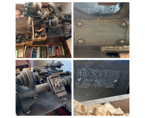 LATHES (2) - vintage woodwork and metalwork lathes on an adapted table and associated engineering books, also geographic and 