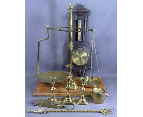 AVERY BALANCE SCALES on a wooden plinth with weights, other assorted brassware and a carved oak barometer