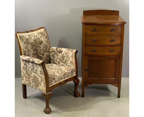 MUSIC CABINET - antique mahogany, three drop down front drawers over a cupboard door, on spade feet and a tapestry seated elb