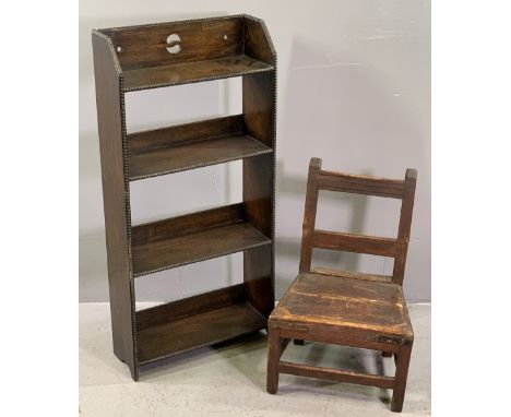 ARTS &amp; CRAFTS STYLE OPEN SHELF BOOKCASE, 93cms H, 44cms W, 17cms D and a rustic child's farmhouse chair