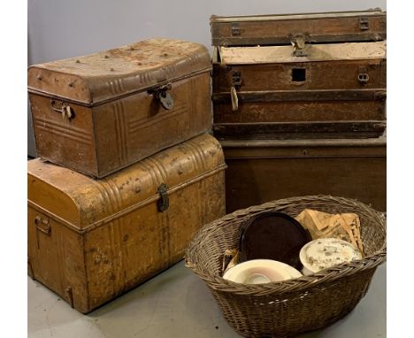 VINTAGE TRUNK - wooden with domed top and metal banding, metal trunks (2), a vintage wooden blanket box, basket and chamber p
