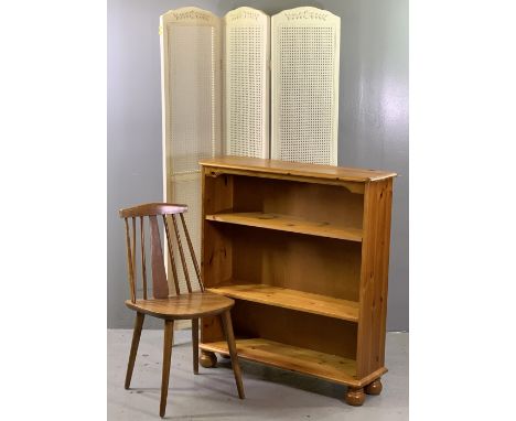 FURNITURE ASSORTMENT (3) - Ercol type spindleback chair, modern pine three shelf bookcase, 100cms H, 90cms W, 27cms D and a w