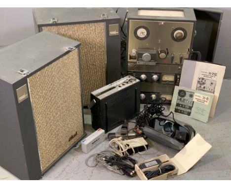 AKAI - M-7SE REEL TO REEL TAPE RECORDER and a pair of SS-100 speakers, with associated microphones, instruction booklets and 