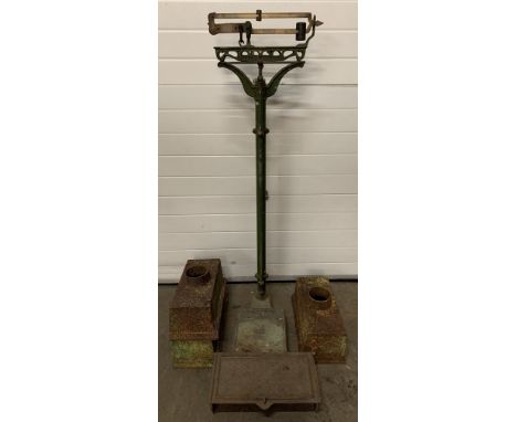 CAST IRON PLATFORM SCALES, 154cms H, three cast iron rain hoppers and a vintage fire grate vent, 
