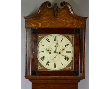 CIRCA 1840 OAK LONGCASE CLOCK with painted dial by R Williams, Llanrwst, twin weight pendulum driven bell strike movement, th