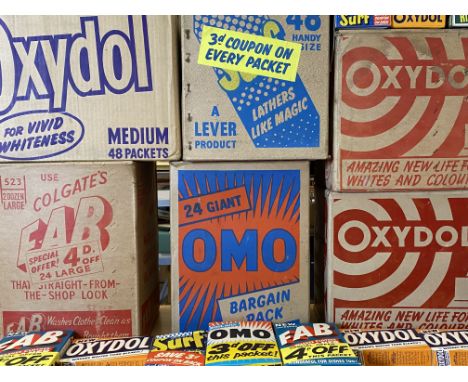 TV/FILM/THEATRE PROPS? - six boxes with near complete contents of pre-1960s washing powder to include FAB, Oxydol, Surf, Rins
