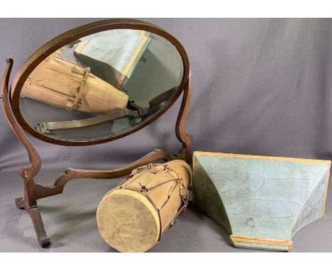MAHOGANY OVAL SWING TOILET MIRROR, 59 x 58cms, vintage wall bracket, 27cms H, 41cms W and a small skin top drum,  38cms H