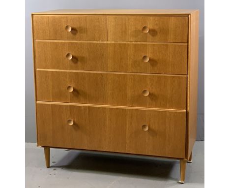 MID CENTURY CHEST OF DRAWERS, light wood, two over three long drawers, 107cms H, 102cms W, 46cms D