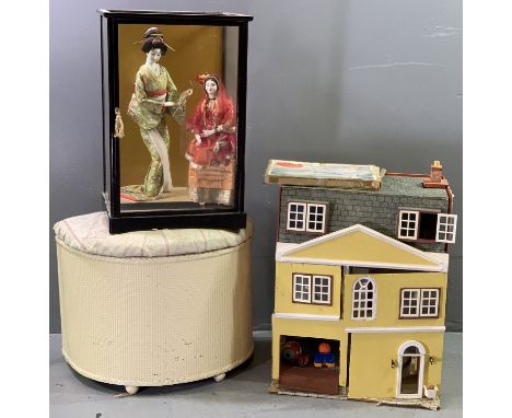 CASED MODEL GEISHA GIRL, 50cms H the case, old doll's house, wicker type footstool and a vintage jigsaw puzzle