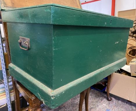 VINTAGE PINE LIDDED BOX painted green, with iron handles, 50cms H, 94cms W, 53cms D and a quantity of vintage tools 