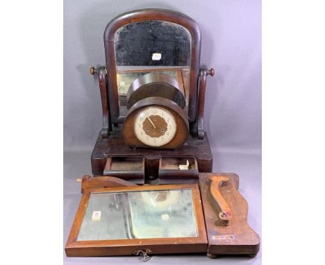 MAHOGANY SWING DRESSING TABLE MIRROR with two base drawers, a polished Smiths mantel clock and other treen ware