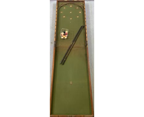 VICTORIAN MAHOGANY&nbsp;FOLDOVER TABLETOP BAGATELLE GAME and associated items, London Maker's labels to the interior