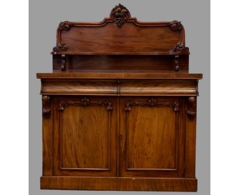 ANTIQUE MAHOGANY CHIFFONIER having two base drawers over two cupboard doors and upper shelf, 150cms H, 123cms W, 50cms D