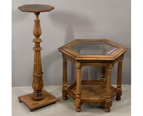 PLANTER STAND with carved column and hexagonal top, 99cms H, 28cms W, 31cms diameter and a hexagonal top two tier cane based 