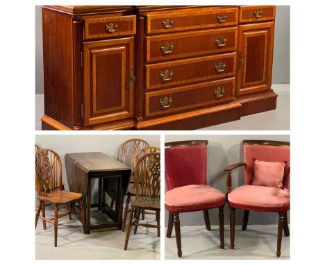 REGENCY STYLE PARLOUR CHAIRS (2) in pink velour upholstery, on reeded front supports to include an elbow chair, a vintage oak