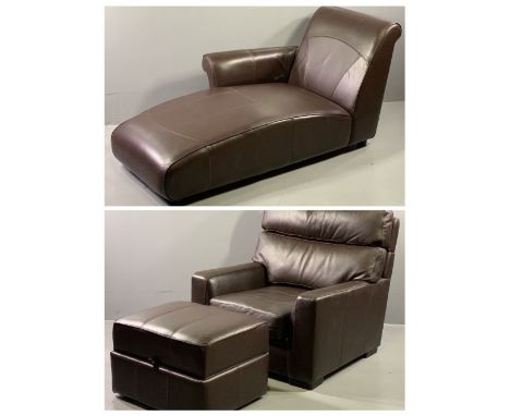 ULTRA-MODERN BROWN LEATHER EFFECT ARMCHAIR, 94cms H maximum, 85cms W, 62cms D the seat, with a double stitch box seat pouffe,