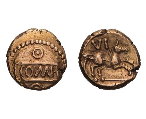  c. 10-42 AD. Gold Quarter Stater, 1.19gg (9h). , First coinage, c. 10-20 AD. Obv: COM F on inset tablet, pellet in circle ab